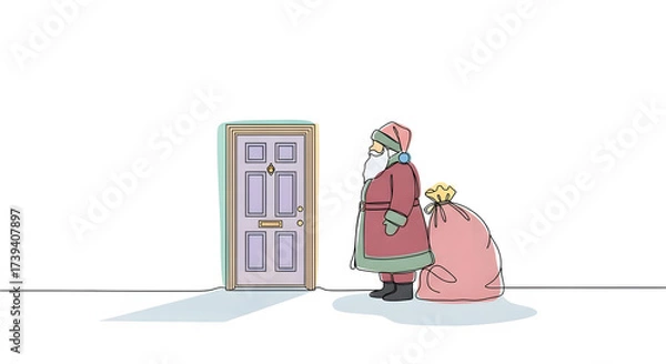 Fototapeta Two cartoon figures in colorful winter clothing stand next to a closed door isolated on white background