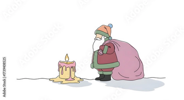 Fototapeta Cartoon santa claus with a sack standing next to a melting candle isolated on white background