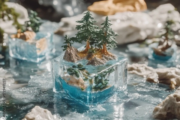 Obraz Miniature island ecosystem encased in a transparent ice cube