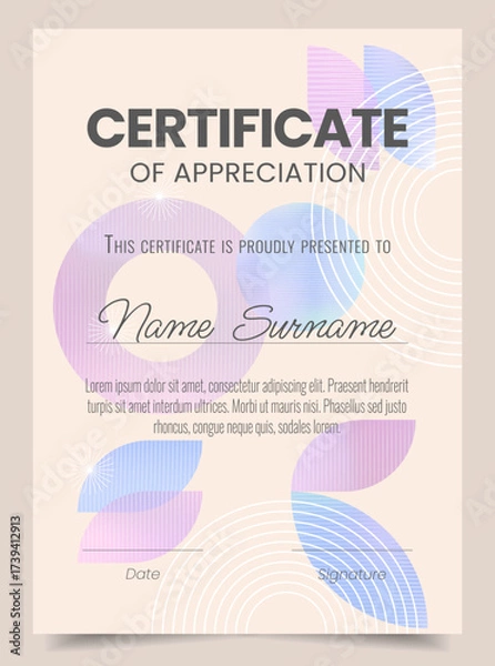 Fototapeta Certificate Template with Abstract Gradient Geometric Shapes and vibrant colors. Award layout, honor Diploma. Vector Illustration