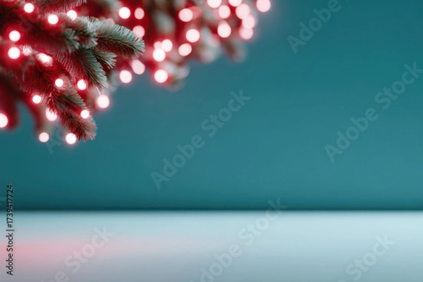 Fototapeta Christmas tree branch with red lights illuminating empty space