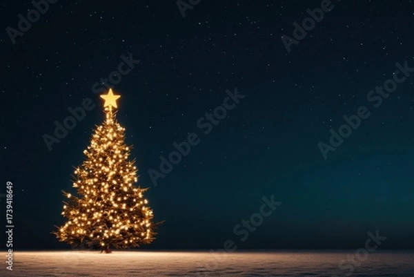 Fototapeta Illuminated christmas tree standing in snowy field under starry night sky