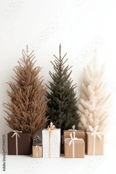 Fototapeta Christmas trees and gift boxes creating a festive atmosphere