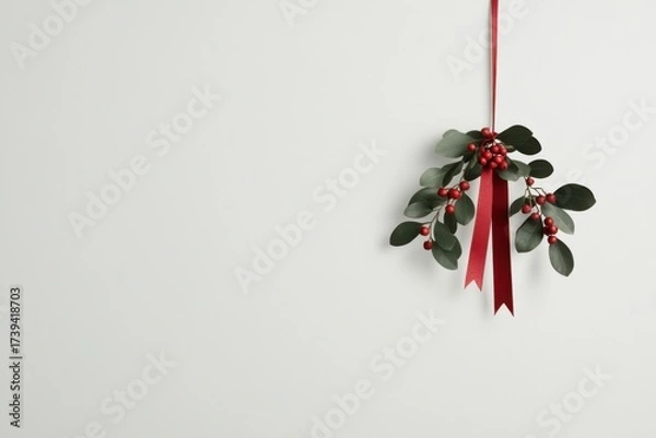 Fototapeta Mistletoe sprig hanging with red ribbon on white background