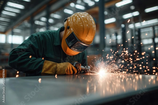 Fototapeta Welder working on metal in a factory with sparks flying