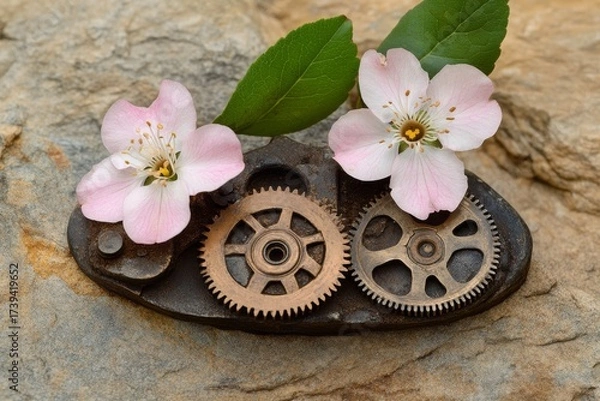 Obraz Pink blossoms resting on gears showcasing nature and mechanics
