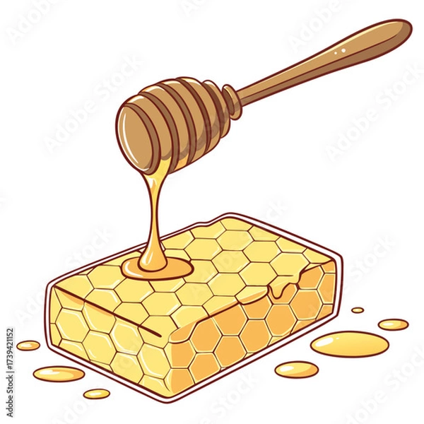Fototapeta Honey Dripping from a Wooden Honey Dipper onto a Honeycomb Block sweet