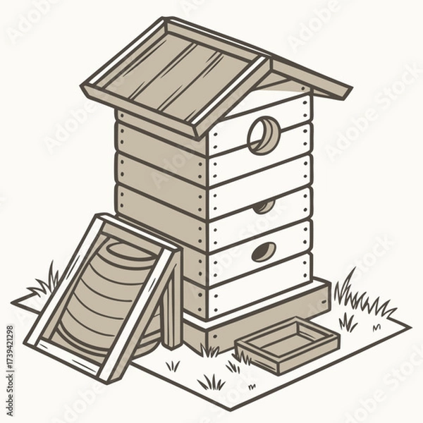 Fototapeta Isometric drawing of a multi-level wooden beehive with a ramp and tray on a light background Keywords: beehive, apiary, beekeeping, insect house, wooden, structure, dwelling, home, nature
