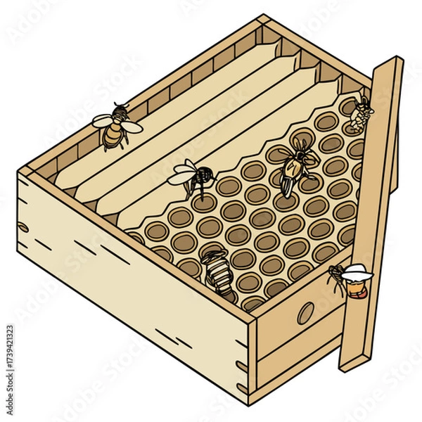 Fototapeta Isometric view of a wooden beehive box with bees and honeycomb insect apiary