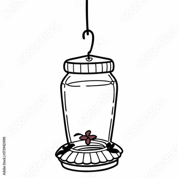 Fototapeta Outline drawing of a hanging glass bird feeder with a small red flower detail on a white background container