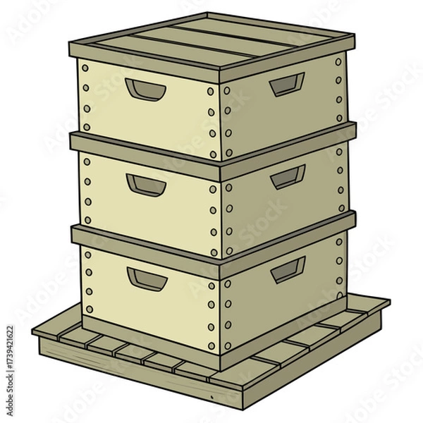 Fototapeta Stack of three light yellow beekeeping hive boxes on a wooden pallet with a white background Keywords: beehive, beekeeping, hive, box, apiary, apiarist, honey, bee, insect, structure, wooden
