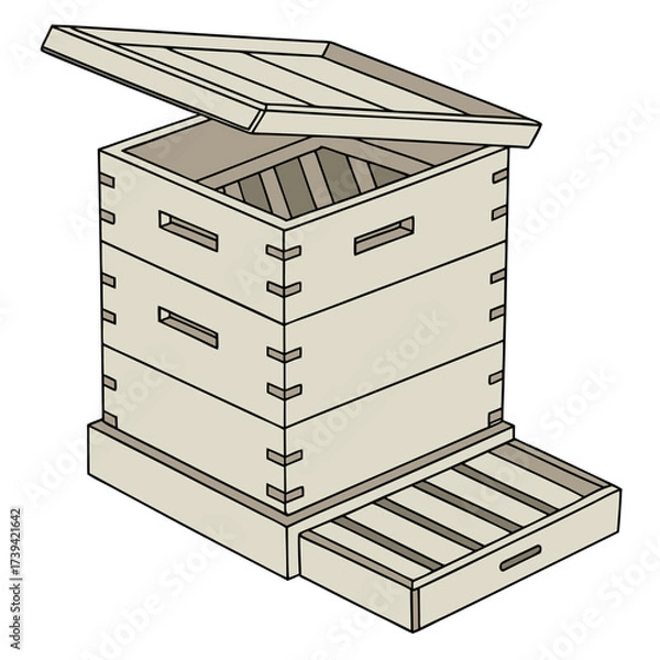 Fototapeta Stacked Wooden Beehive Boxes with Open Lid and Drawer bee house