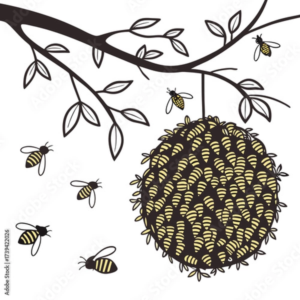 Fototapeta A Beehive Hanging from a Tree Branch with Bees Flying Around swarm