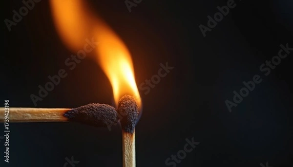 Fototapeta Close up two wooden matches. Burning match ignites another stick, creating bright orange fire flame. Heat energy transfers, showing new light from connection. Dark black background highlights intense