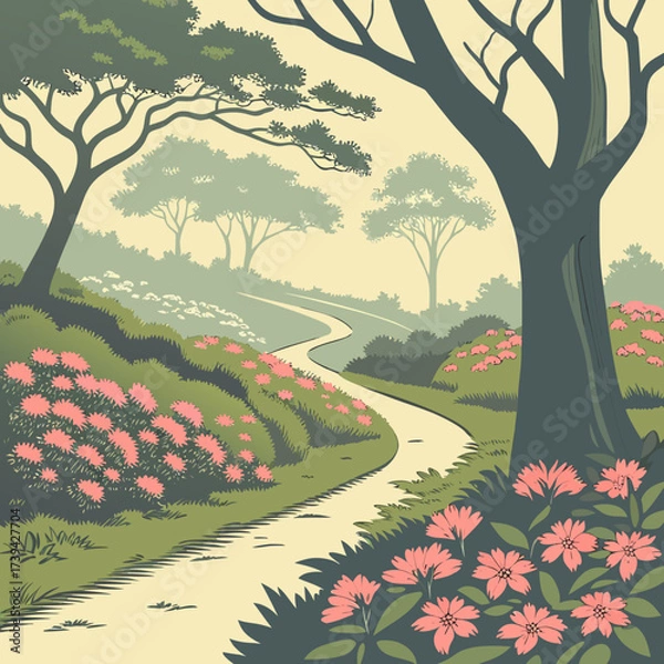 Obraz A winding path through a serene forest with blooming pink flowers and lush green foliage