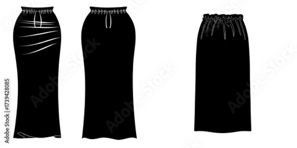 Fototapeta The fashion illustration of a women's below knee length side gathered drawstring skirt is shown in both front and back views, presented in a modern CAD technical drawing and flat drawing style