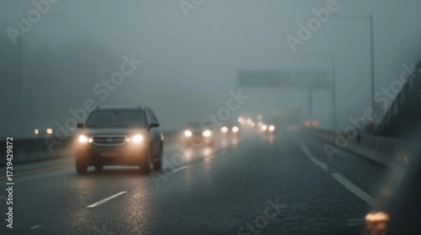 Fototapeta Row of vehicles driving on a highway in dense fog with headlights illuminated for safety. Low visibility road conditions with moody atmosphere.