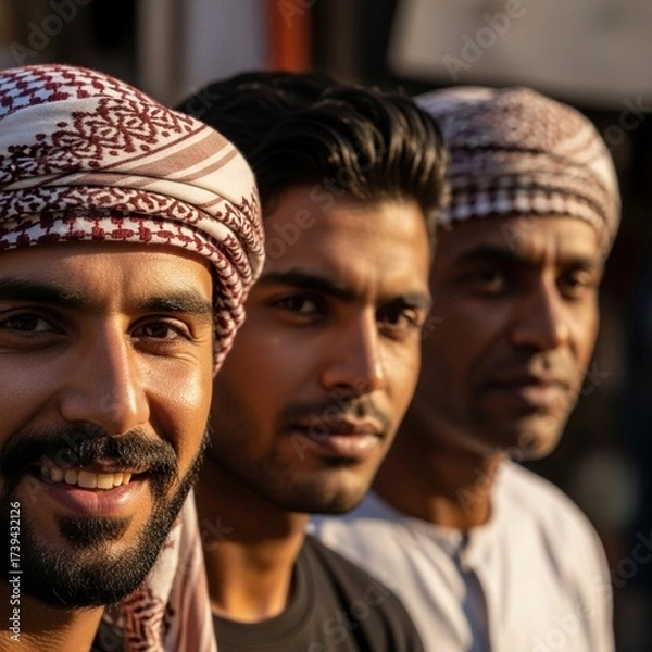 Obraz A close up shot of three men wearing traditional headwear standing in a row looking at the camera