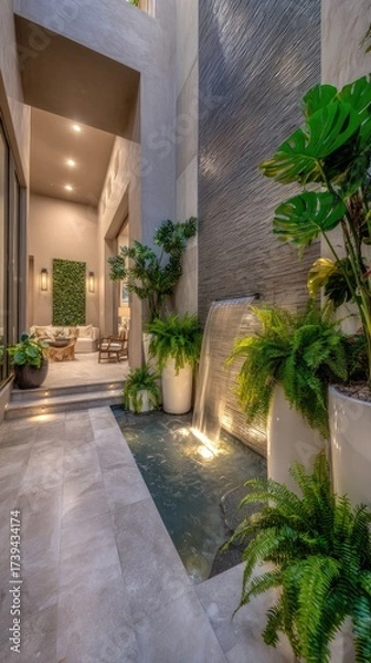 Obraz Luxurious outdoor space with waterfall, plants, and leading walkway to a sitting area