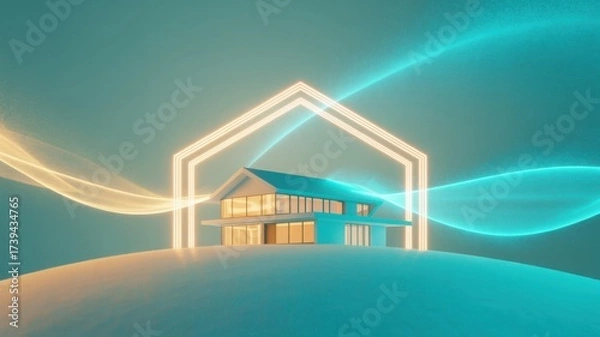 Fototapeta Modern house design with abstract light waves surrounding it.