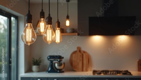 Fototapeta Modern kitchen interior with vintage Edison filament bulbs hanging above a counter. A stand mixer and wooden cutting boards are visible on the surface.