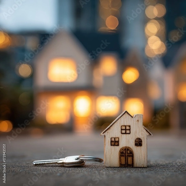 Obraz Miniature wooden house with keys, blurry background of illuminated houses at dusk