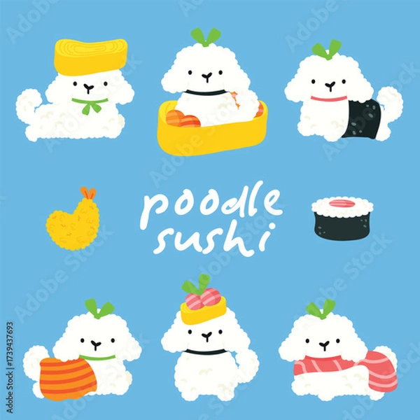 Obraz Adorable fluffy poodles dressed as sushi pieces, blending cuteness with food in a playful illustration.
