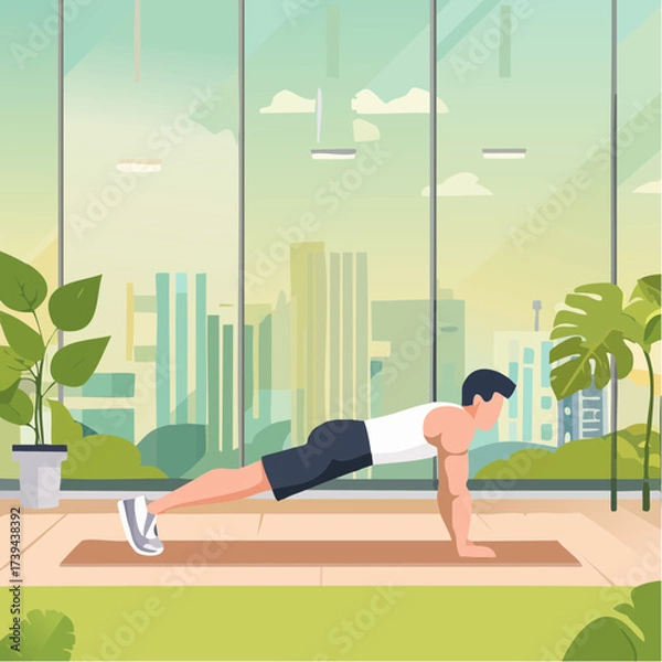 Fototapeta Man doing push-ups — flat vector illustration