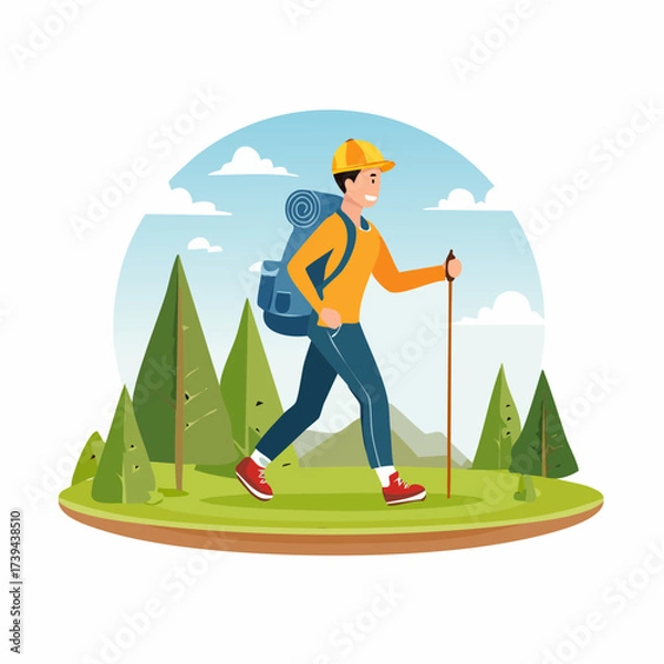 Fototapeta Man trekking — flat vector illustration