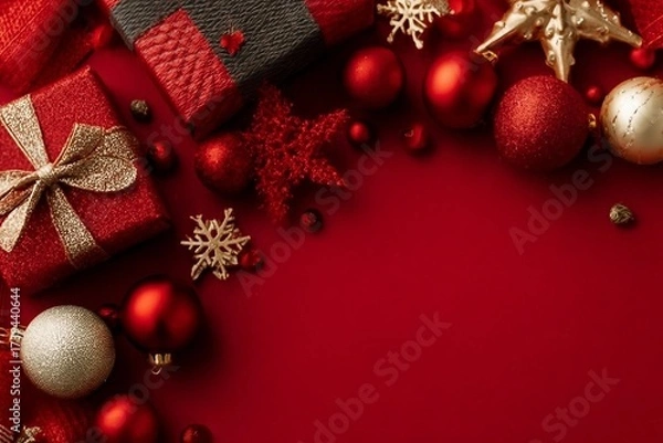 Fototapeta Holiday Ornament Arrangement Top view of artisanal gift boxes, chic tree embellishments, red and gold balls, glimmering star, snowflakes, mistletoe berries on red surface, ready for your festive text