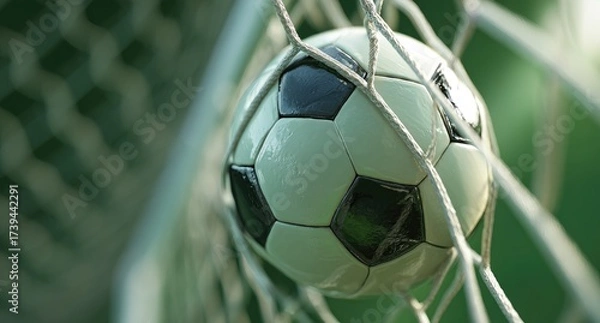 Obraz Soccer ball inside the goal net, close up with focus on ball and partial net details