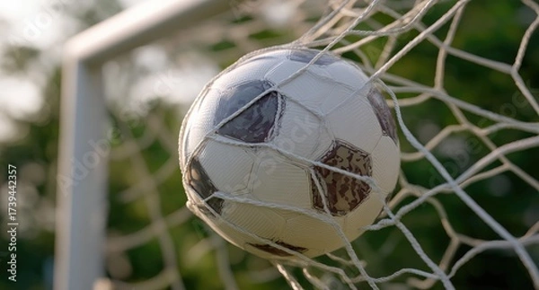 Obraz A soccer ball lodged in the net, close-up with a shallow depth of field and soft background