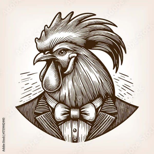 Fototapeta rooster dressed in formal suit with bow tie, symbolizing humor, creativity, and anthropomorphism sketch engraving generative ai vector illustration. Scratch board imitation. Black and white image.