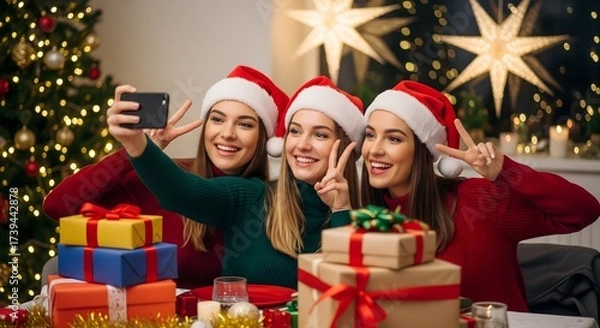 Fototapeta Three young women in Santa hats taking Christmas selfie with smartphone, smiling and making peace signs, surrounded by gift boxes, festive lights, decorated tree and holiday atmosphere