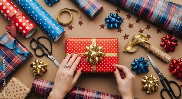 Fototapeta Hands wrapping Christmas present with festive red polka dot paper and golden bow, surrounded by ribbons, scissors, wrapping paper rolls and decorative stars for holiday gift preparation