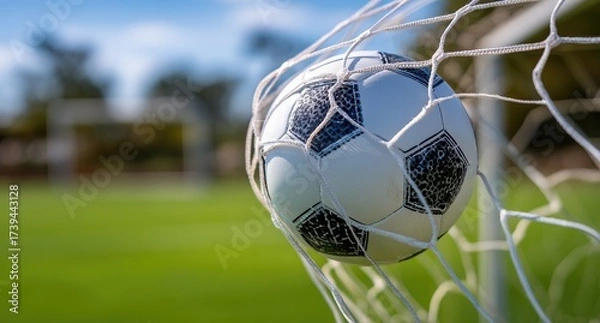 Obraz A soccer ball nestled in the net of a goal post, with a blurred green field in the background