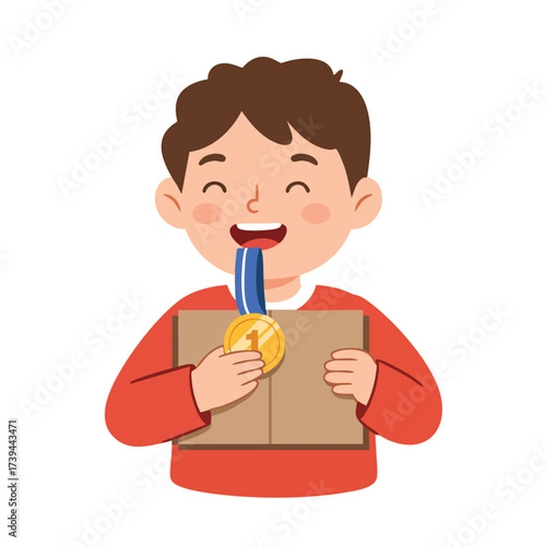 Fototapeta a child puffing out their chest and smiling contentedly while holding a homemade cardboard gold medal.