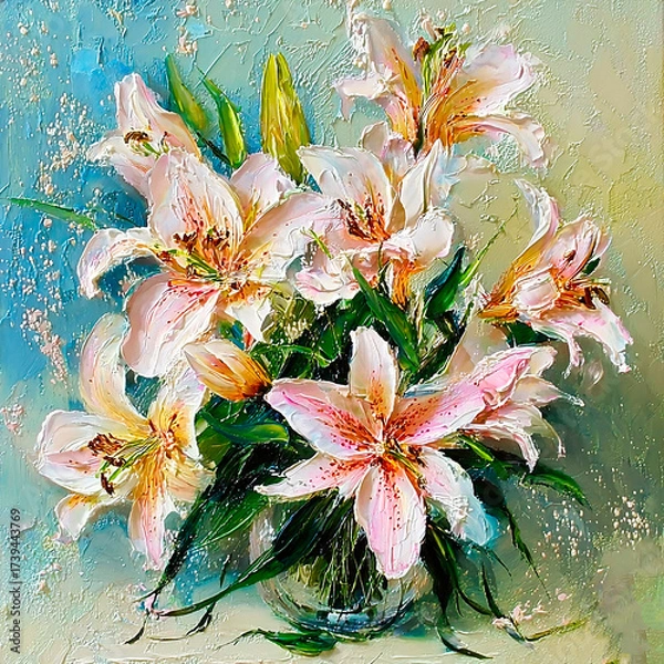 Fototapeta A realistic oil painting depicting a bouquet of lilies with voluminous petals painted with a palette knife.