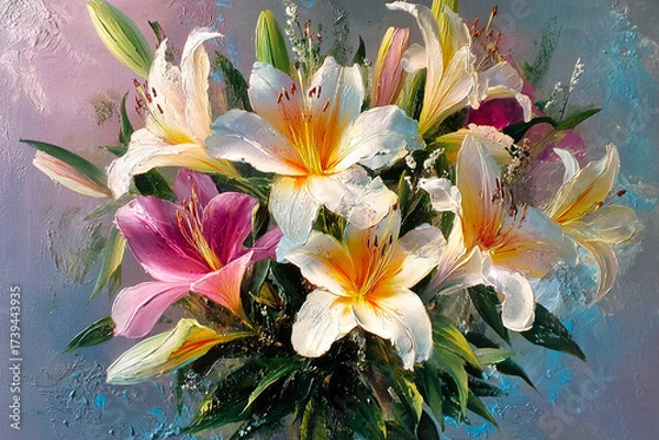 Fototapeta A realistic oil painting depicting a bouquet of lilies with voluminous petals painted with a palette knife.