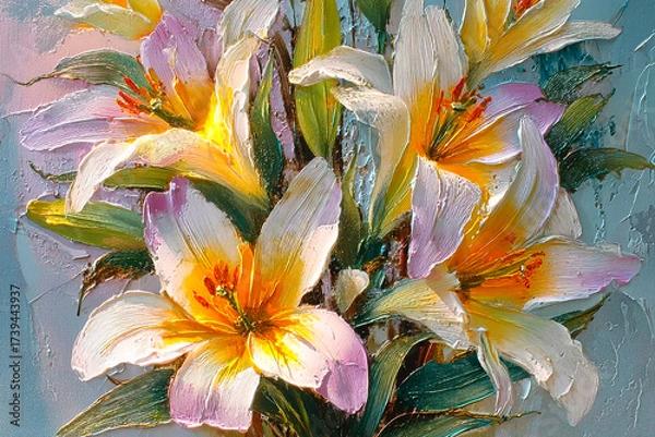 Fototapeta A realistic oil painting depicting a bouquet of lilies with voluminous petals painted with a palette knife.