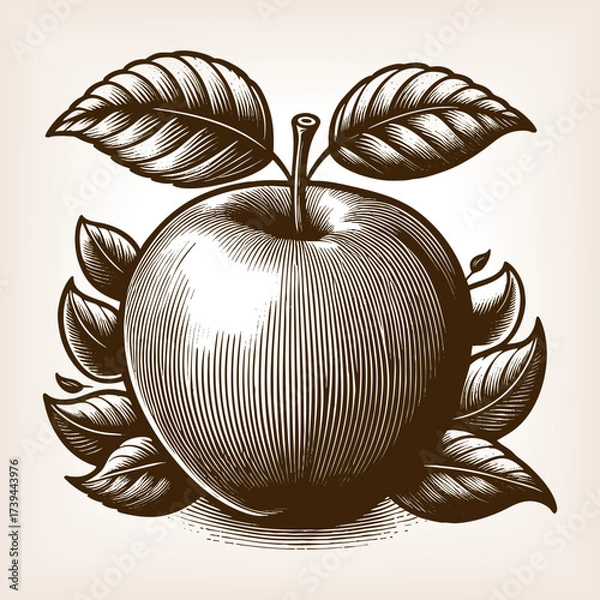 Fototapeta apple surrounded by detailed leaves, drawn in a traditional engraving technique sketch engraving generative ai fictional character vector illustration. Scratch board imitation. Black and white image.