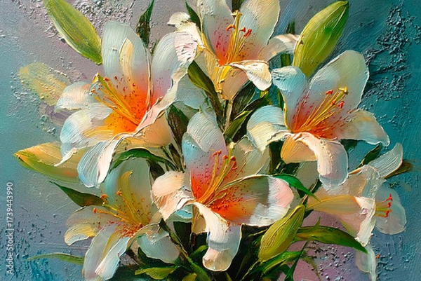 Fototapeta A realistic oil painting depicting a bouquet of lilies with voluminous petals painted with a palette knife.