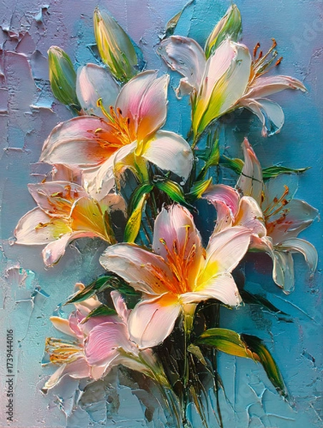 Fototapeta A realistic oil painting depicting a bouquet of lilies with voluminous petals painted with a palette knife.