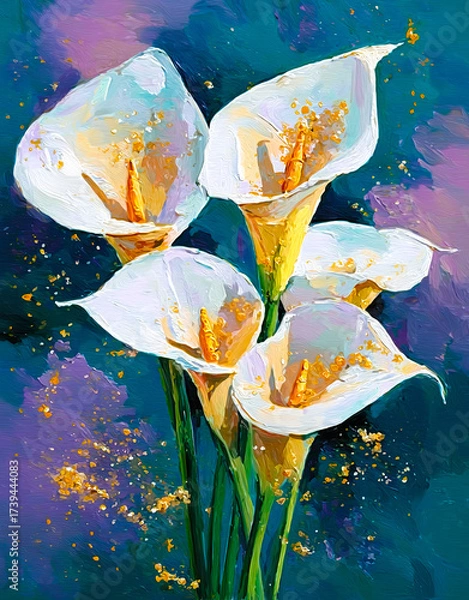 Fototapeta A realistic oil painting depicting a bouquet of calla lilies with voluminous petals painted with a palette knife.