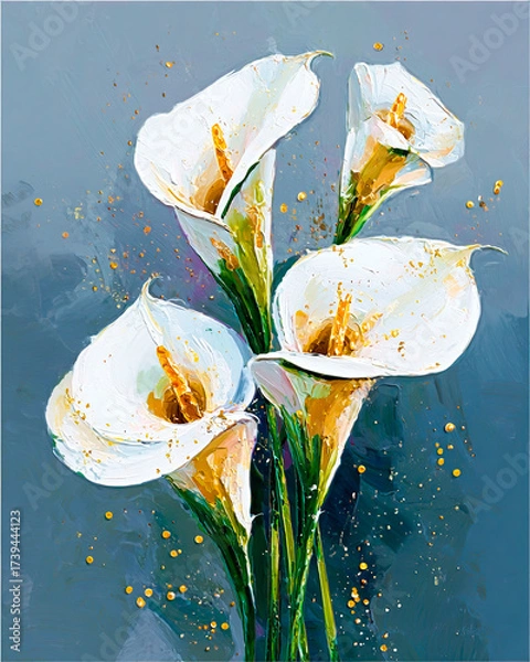 Fototapeta A realistic oil painting depicting a bouquet of calla lilies with voluminous petals painted with a palette knife.