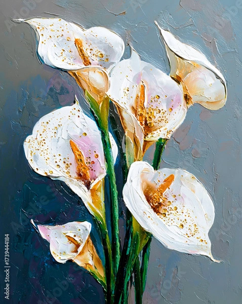 Fototapeta A realistic oil painting depicting a bouquet of calla lilies with voluminous petals painted with a palette knife.