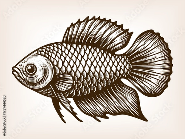 Fototapeta ornamental fish with textured scales and flowing fins, drawn in a classic vintage style sketch engraving generative ai vector illustration. Scratch board imitation. Black and white image.