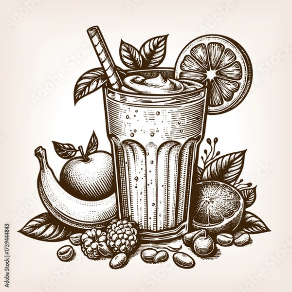 Fototapeta refreshing fruit smoothie in a tall glass with straw, surrounded by assorted fruits and herbs sketch engraving generative ai vector illustration. Scratch board imitation. Black and white image.