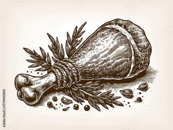 Fototapeta smoked ham tied with rope, decorated with herbs and spices in a traditional engraving style sketch engraving generative ai vector illustration. Scratch board imitation. Black and white image.
