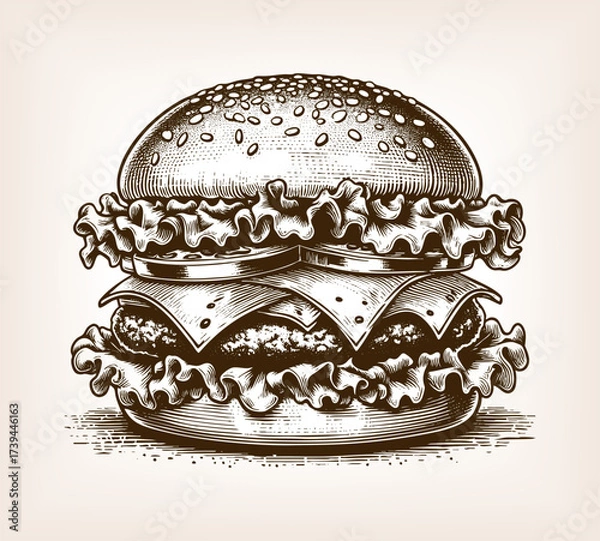 Fototapeta cheeseburger with sesame seed bun, cheese, lettuce, and patty, symbolizing fast food and classic cuisine sketch engraving generative ai vector illustration. Scratch board imitation. Black and white.